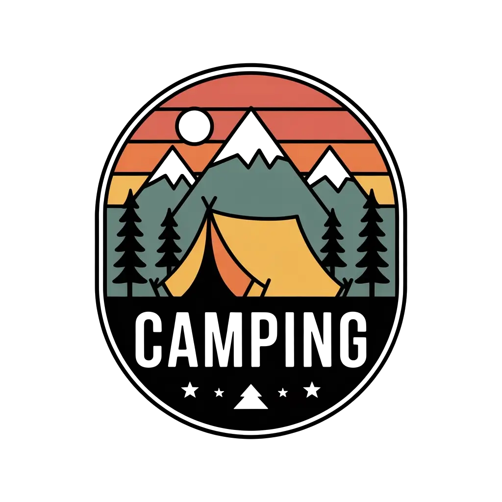Minimalist camping emblem graphic artwork refined for print-on-demand by Wyrlight